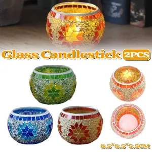 2Pcs European Style Colourful Mosaic Glass Candle Holder Cup Tabletop Decor – Green