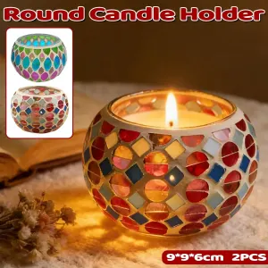 2Pcs Vintage Mosaic Colourful Glass Small Candle Holder Cups Romantic Home Decor – Red