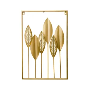 Metal Leaf Wall Hanging Decor Gold Iron Frame Living Room Porch 60 x 40cm