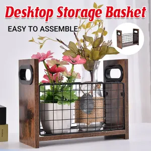Wooden Desktop Storage Basket Wire Iron Combination Organiser Rustic 29x12x23cm