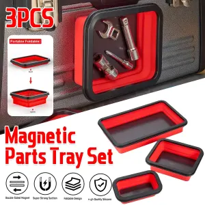 3PCS Foldable Metal Parts Tray Set Silicone Tool Organizer for Garage Repair