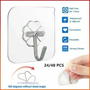 24-48Pcs Clear Seamless Adhesive Hook Strong Stick Wall Hook Load Kitchen Hanger – 24 PCS