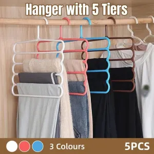 5pcs 5 Tier Trouser Rack Multifunctional Hanging Wardrobe Scarf Tie Hanger Set – Pink