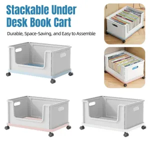 Under Desk Book Storage Box with Wheels Movable Classroom Student Organiser Rack – Blue