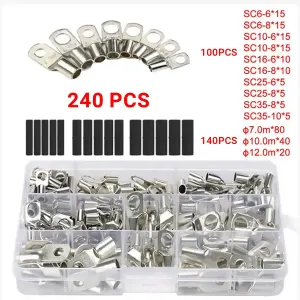 240Pcs 4WD Cable Lug Ring Battery Copper Tube Connector Kits Terminal Crimper