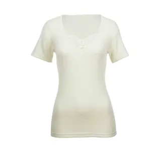100% Pure Merino Wool Womens Short Sleeve Thermal Top Woolmark Thermals Fleece – Natural