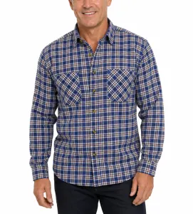 Mens FLANNELETTE SHIRT Check 100% COTTON Flannel Vintage Long Sleeve - Blue/White (Full Placket)