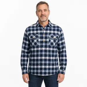 Mens Half Placket Flannelette Long Sleeve Pullover Shirt 100% Cotton Check Authentic Flannel – White/Blue Denim