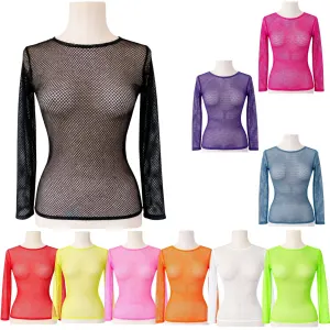 3x Womens Fishnet Mesh Tops Long Sleeve Sheer Stretch Costume – Assorted Pack