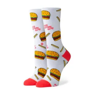 Stance “Fries Before Guys” Burger & Fries Crew Socks – Fun Food Print – S