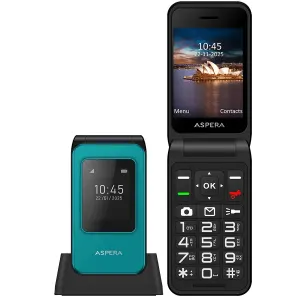 Aspera F46+ (F46 Plus) Seniors 4G BIG button FLIP mobile phone with CRADLE- Black / Green