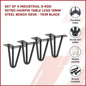 Set of 4 Industrial 3-Rod Retro Hairpin Table Legs 12mm Steel Bench Desk – 11cm Black