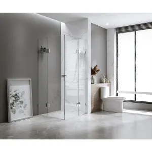110x120cm Double Door Corner Shower Screen F-Brackets, Brass Hinges & Square Knob Handle