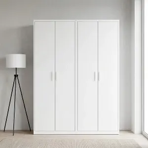 160x200cm 4-Door White Steel Hanging Wardrobe with White Handle Storage Cabinet