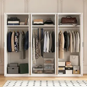 240x200cm 6-Door White Steel Hanging Wardrobe with Black Handle Storage Cabinet