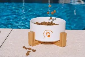 Pet Ceramic Bowl with Wooden Stand – White
