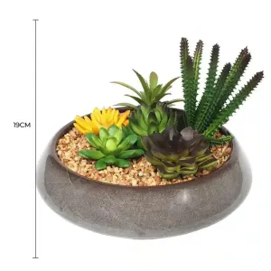 Potted Artificial Succulents with Round Decorative Bowl 19cm