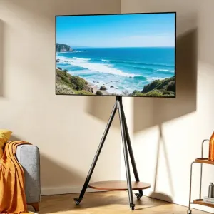 Movable Tripod Floor TV Stand with Wheels & Shelf for 40-75 Inch TVs - Height Adjustable Freestanding TV Mount up to 50kg