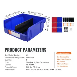 Plastic Storage Bin, (276 mm x 279 mm x 128 mm), Blue/Red, 6-Pack, Kitchen, Office, or Pantry Organization