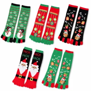 Penguin Christmas tabi socks with gift tower design, women's cartoon stockings 5 pairs
