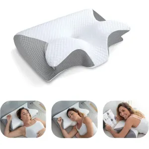 Cervical Memory Foam Pillow – Butterfly Contour Ergonomic Neck Support – 100% Slow Rebound Orthopedic Design for Side and Back Sleepers – Breathable Mesh with Washable Cover