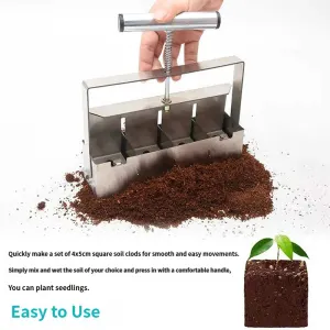 4 Cell Soil Blocker – Heavy Duty Steel Seedling Block Maker with 3 Seed Pin Sets, Reusable Hand Press for Seed Starting, Propagation and Home Gardening