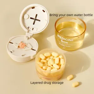 2 Pcs Beige 3-in-1 Pill Cutter, Crusher & Organizer Box with Built-in Water Cup – Portable Medicine Storage Container with Precision Quarter/Half Splitter