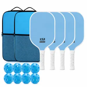 Fiberglass Pickleball Paddle Set – 4 Minimalist Paddles, 8 Balls, and 2 Carry Bags for Outdoor Play – Blue