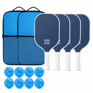 Fiberglass Pickleball Paddle Set - 4 Minimalist Paddles, 8 Balls, and 2 Carry Bags for Outdoor Play