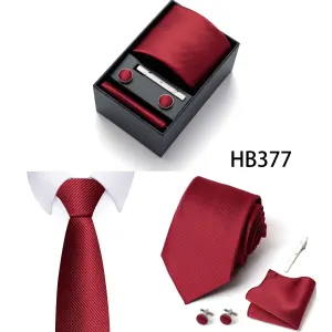 Red Premium Men’s 4-Piece Formal Tie Set –  Necktie, Pocket Square, Cufflinks, and Tie Clip in a Luxury Gift Box