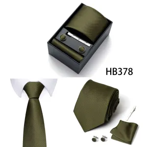 HB378 Dark Green Premium Men’s 4-Piece Formal Tie Set –  Necktie, Pocket Square, Cufflinks, and Tie Clip in a Luxury Gift Box