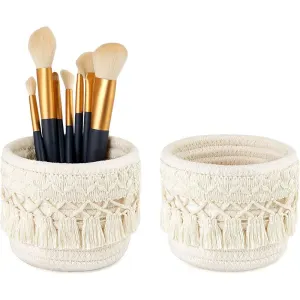 Boho Cotton Rope Tassel Storage Baskets – Set of 2 Round Woven Organizers for Makeup Brushes & Desktop Essentials (12cm Diameter)