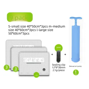 Nine Vacuum Storage Bags Set with Hand Pump - Space Saving Compression Bags for Travel & Wardrobe Organization