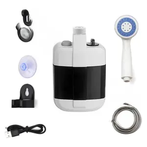 White Portable Outdoor Electric Shower Pump with 3-Mode Spray and 1.5m Flexible Hose – USB Rechargeable Handheld Shower Set for Camping, Hiking & Pet Washing