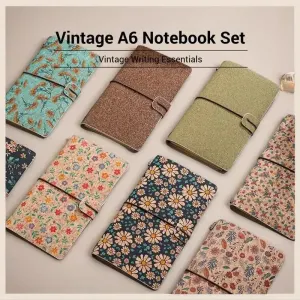 Calendula Retro A6 Travelers Leather Notebook & Wooden Pen Gift Box – Floral Botanical Loose-Leaf Journal with Bronze Charm, Kraft Paper and Lined Paper