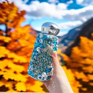 Blue Peacock Pattern Handmade Luxury Diamond Insulated Water Bottle – Bling Rhinestone 304 Stainless Steel Pocket Mug (260ml)