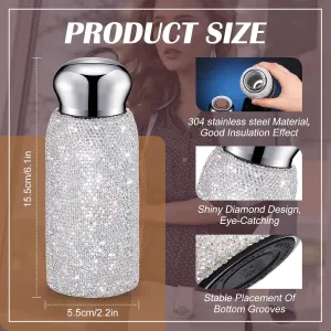 White Peacock Pattern Handmade Luxury Diamond Insulated Water Bottle – Bling Rhinestone 304 Stainless Steel Pocket Mug (260ml)