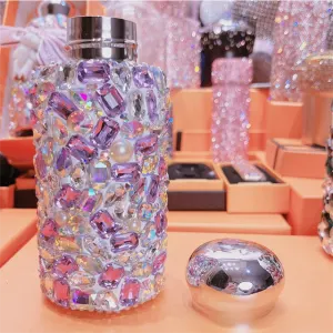 Square Crystal Handmade Luxury Diamond Insulated Water Bottle – Bling Rhinestone 304 Stainless Steel Pocket Mug (260ml) – Purple
