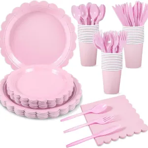 7-Piece Pink Scalloped Party Tableware Set with Floral Wavy Edges – Elegant Disposable Paper Plates 7 / 9 inch, Tissues, Cups & Cutlery Kit for Birthdays Parties and Baby Showers (Serves 25 People)