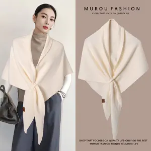 Beige Women's Wool Blend Triangle Shawl - 70x180cm Knitted Winter Wrap - Warm Thick Solid Colour Poncho Scarf, Versatile Neck and Shoulder Cover, Everyday Elegance, Gift Ready