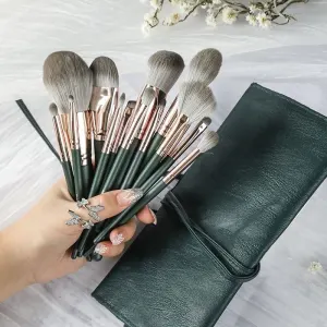 14-Piece Green Brush Storage BagSynthetic Fibre Makeup Brush Set - Soft Bristles, Long Handles, Complete Face and Eye Kit, Beginner Friendly Beauty Tools for Foundation, Blush, and Eyeshadow Application