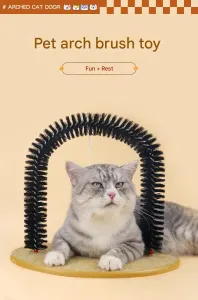 Arched Cat Grooming Brush – Self-Massage Cat Scratcher Arch with Hanging Mouse Toy – Durable PVC Bristles, Plush Base, Non-Slip Design – Interactive Cat Toy for Itch Relief and Play
