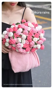 Pink and White Diameter: 120 cm -52 Woven Flowers Handmade Rose Bouquet Knit Blanket – Soft Pink Acrylic Throw with 3D Crochet Flowers – Perfect Gift for Her, Birthday, Valentine’s Day, Home Decor