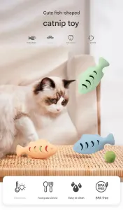 3-piece Blue and Green and Cream-colored Fish-Shaped Silicone Cat Toy and  Catnip– 3-in-1 Interactive & Self-Entertaining Toy with Catnip/Cat food, Dental Care & Hairball Relief – BPA-Free, Food-Grade Safety