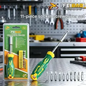 Green and Yellow 11-Piece Magnetic Screwdriver Bit Set – Chrome Vanadium Steel Bits, Ergonomic Handle, 7mm Hex Shank – Multi-Purpose DIY Tool Kit for Home, Auto Repair, Electronics