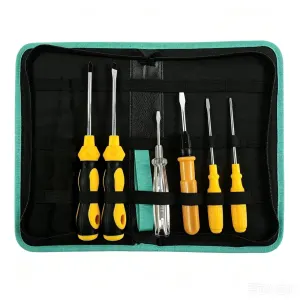 7-Piece Household Screwdriver Set — Includes a 6-Piece Yellow Screwdriver Set and a Medium-Sized Black Multi-functional Canvas Tool Bag. Features Carbon Steel Tips, Plastic Handles, and an Integrated Voltage Tester. The Tool Bag is Constructed from Durabl