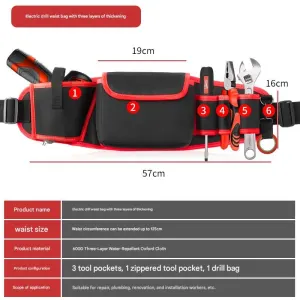 Professional Oxford Cloth Tool Waist Bag –Tool Belt, Multifunctional Work Belt, Men’s Robust, Adjustable Tool Belt – Heavy-Duty 600D Waterproof for Electricians, Mechanics & Construction Workers – Red