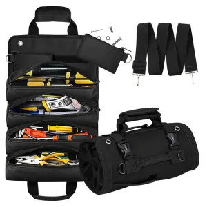 Multi-Purpose 600D Oxford Cloth Roll-Up Tool Organizer Bag – Heavy-Duty Waterproof & Anti-Scratch Organizer for Electricians, Mechanics & Automotive Use-Duty Oxford Fabric – Multi-Pocket Storage for Electricians, Mechanics & DIY Enthusiasts – Black