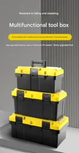 17-inch Yellow and Black Heavy Duty Plastic Toolbox – PP Material with ABS Latches – Lockable, Large Capacity, Double Layer, Organized Storage, for Home Repair, Automotive, Construction, Outdoor Use