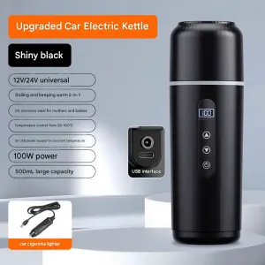 Portable Car Electric Kettle 12V/24V Universal USB Travel Water Boiler 500ml 316 Stainless Steel Smart Temperature Control – Black